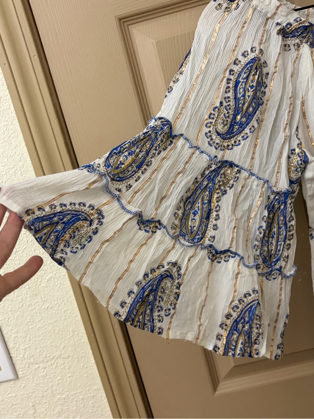 Boho Anthropology Off-Shoulder Maxi Dress in White, Blue, and gold - Picture 3 of 6